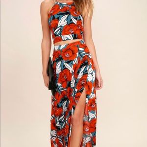 Lulus Back to Your Roots Red Floral Print Two-Piece Maxi Dress